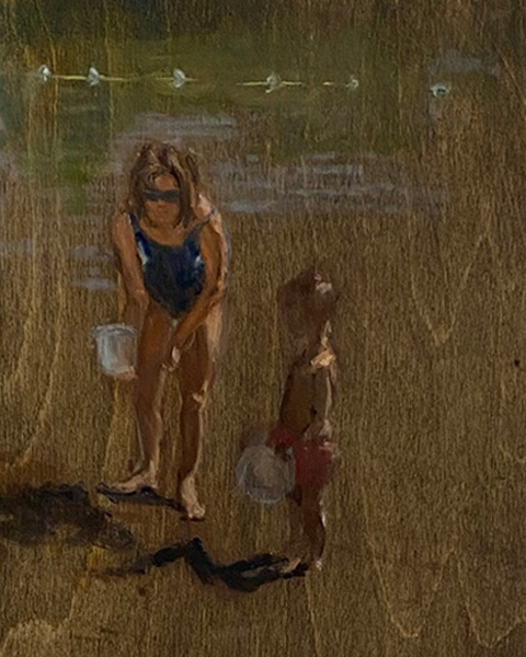 Marie Finkelstein's painting of At the Beach (Lake Placid), 2022, oil on wood board.