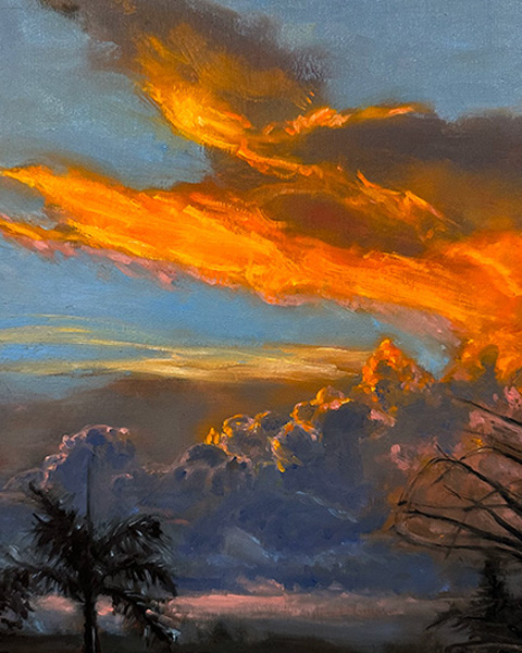 Marie Finkelstein's painting of Palm Beach Skies 12, 2023, oil on wood board.